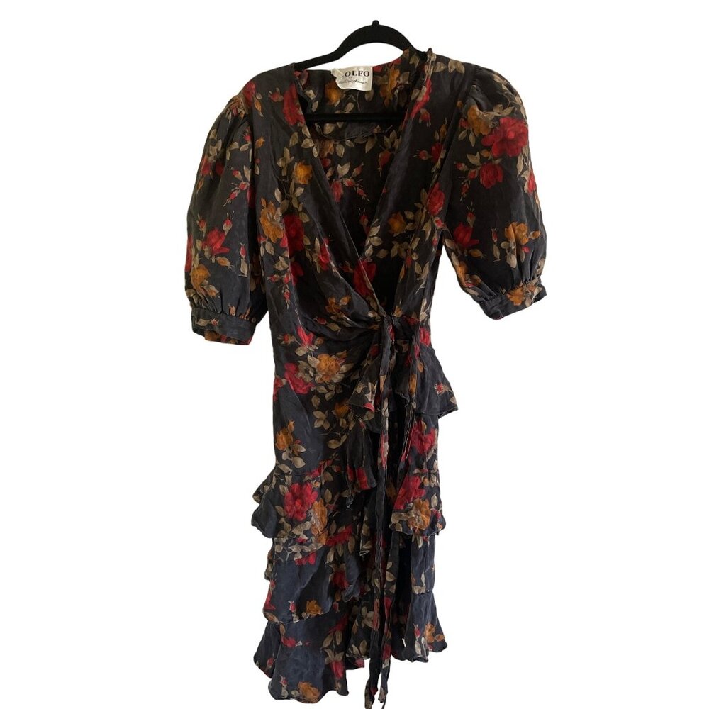 Adolfo Saks Fifth Avenue Floral Wrap Dress Ruffle Tiered Puff Sleeve 80s *Flaw*